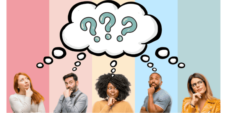 Five diverse adults thinking, connected by thought bubbles to a large cloud filled with question marks, symbolizing questions or brainstorming.