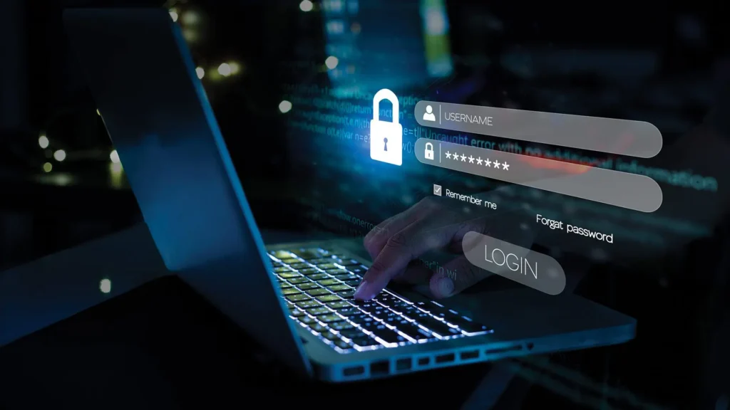 Person typing on a laptop with a secure login screen and digital padlock icon representing cybersecurity