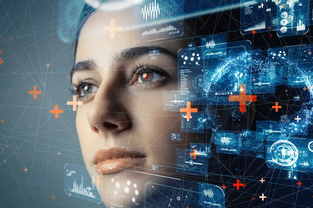 Woman viewing augmented digital interface with data icons representing identity and security analytics