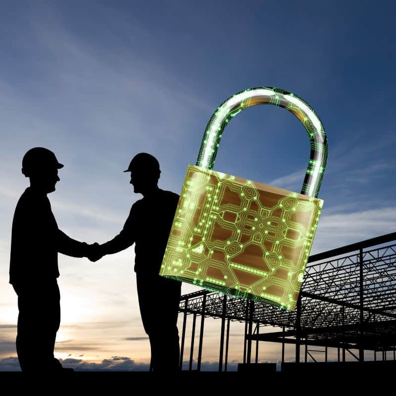 Two construction workers shaking hands with a digital padlock overlay, representing cybersecurity for construction firms.