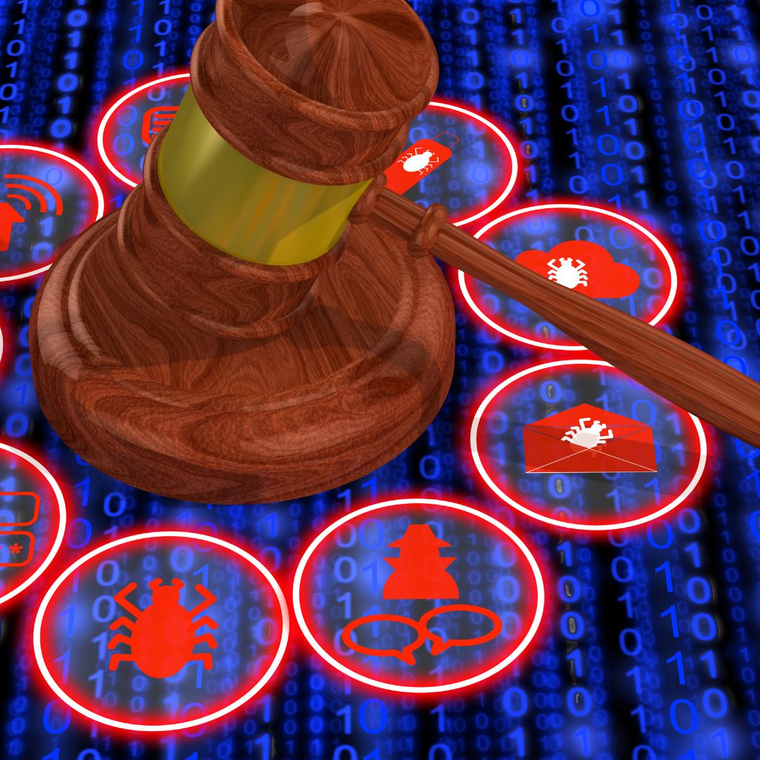 Cybersecurity threats impacting law firms illustrated by a gavel over digital icons.