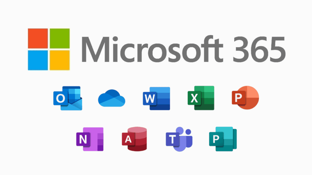 Microsoft 365 logo with colored app icons for Outlook, OneDrive, Word, Excel, PowerPoint, OneNote, Access, Teams, and Publisher.