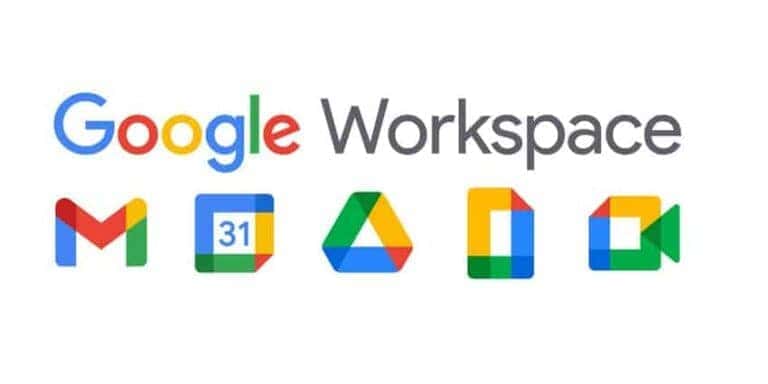 Google Workspace logo with five app icons: Gmail, Calendar, Drive, Docs, and Meet beneath it