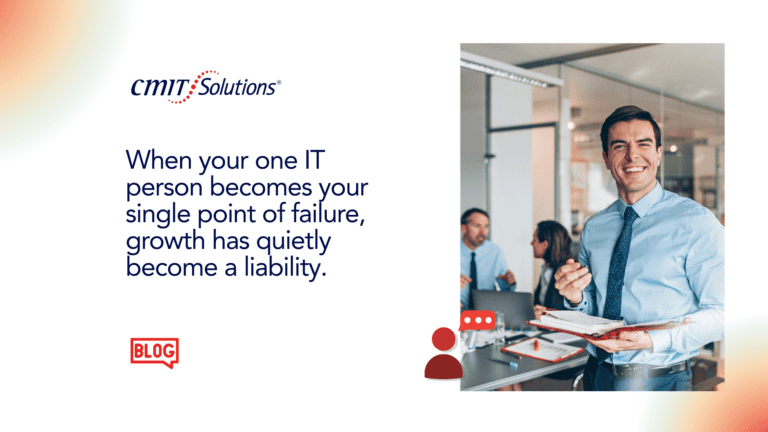 CMIT Solutions banner with the headline about IT single point of failure and a smiling man in a blue shirt in an office.