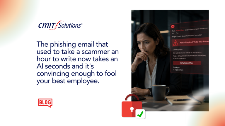 CMIT Solutions logo with a worried woman at a desk and a phishing alert on a computer screen