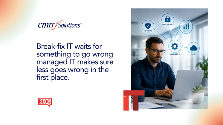 CMIT Solutions hero image: man at a laptop with IT icons (monitoring, performance, security, backup) around him, plus the headline about break-fix IT.