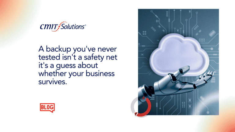 CMIT Solutions banner showing the slogan about backup reliability, with a cloud illustration and robotic arm over a circuit-board background on the right.
