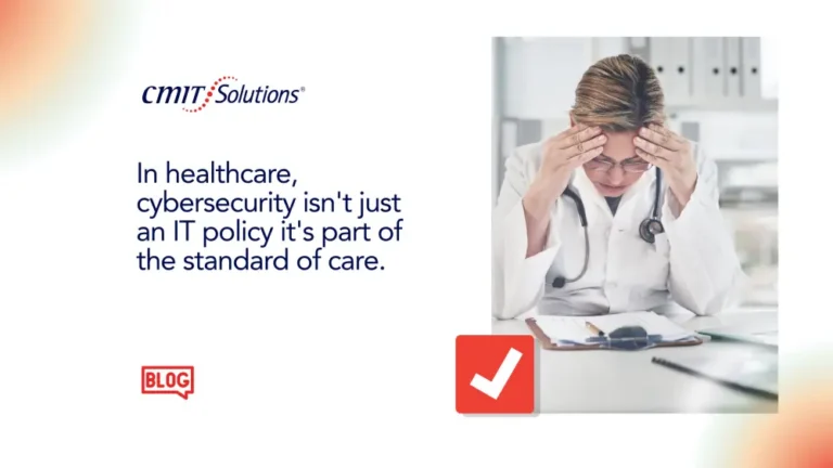 Healthcare message: cybersecurity is part of the standard of care in healthcare, with a stressed doctor beside a red checkmark icon and blog badge on the left.