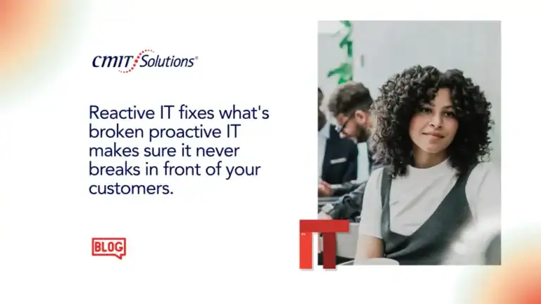 Promotional IT blog hero: CMIT Solutions logo, headline about proactive IT, and a woman in an office on the right with a BLOG badge.