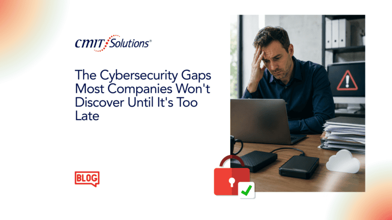 CMIT Solutions banner showing the headline about cybersecurity gaps and a man at a laptop looking stressed at his desk.