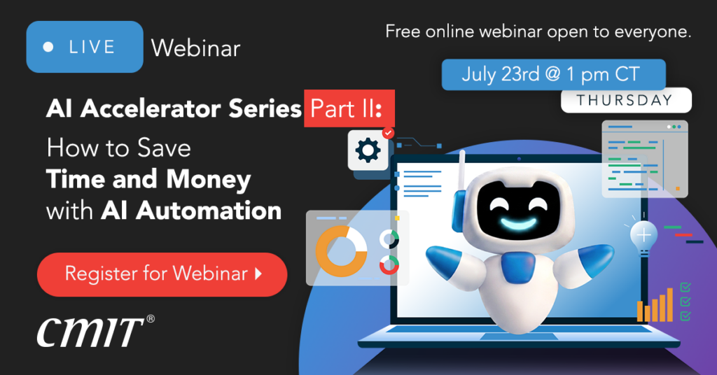 Promotional webinar banner: AI Accelerator Series Part II—How to Save Time and Money with AI Automation, with a red 'Register for Webinar' button.