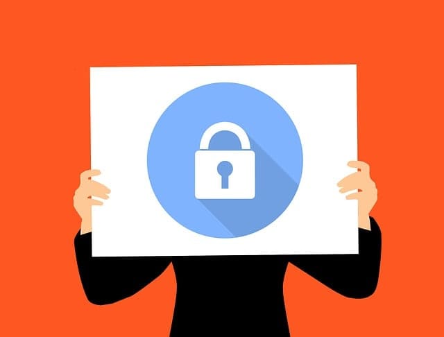 An illustration of a woman holding a sheet with a picture of a lock in it.