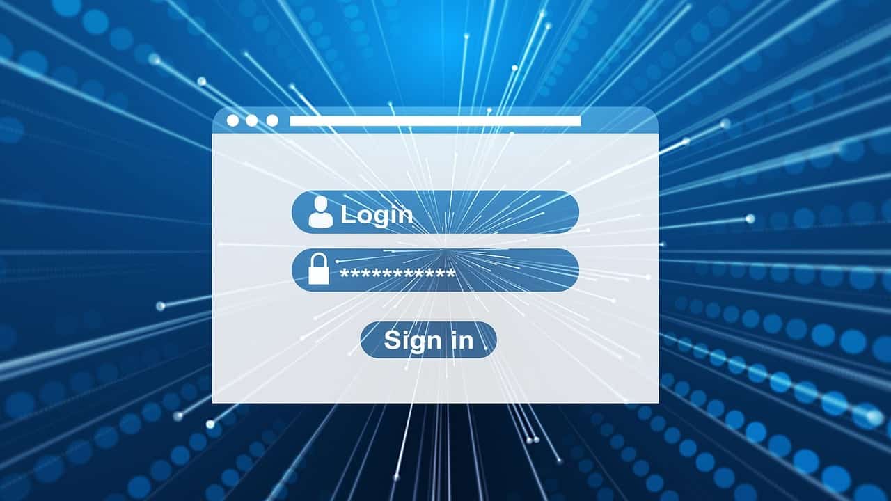 A blue login screen shows a password entered as asterisks.