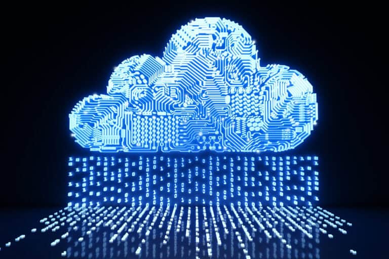 A blue cloud made of circuits rains 0s and 1s, depicting cloud data.