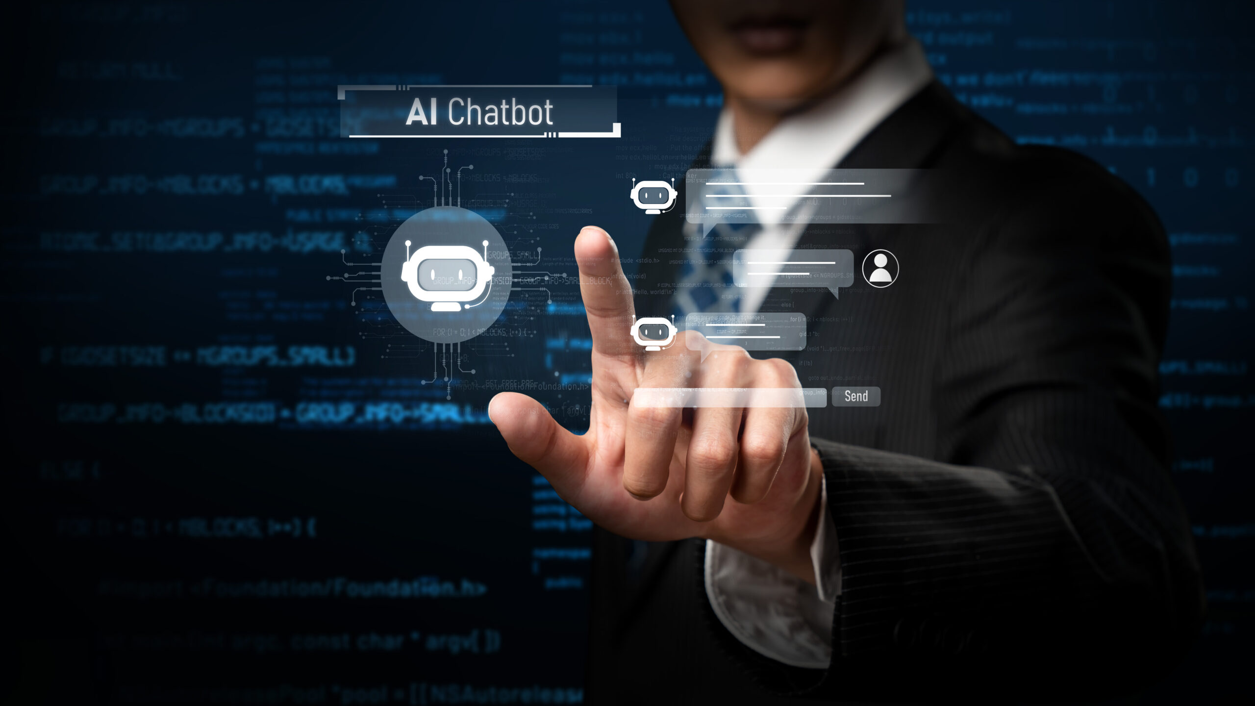 A graphic of an AI chatbot used by a person wearing a suit next to it