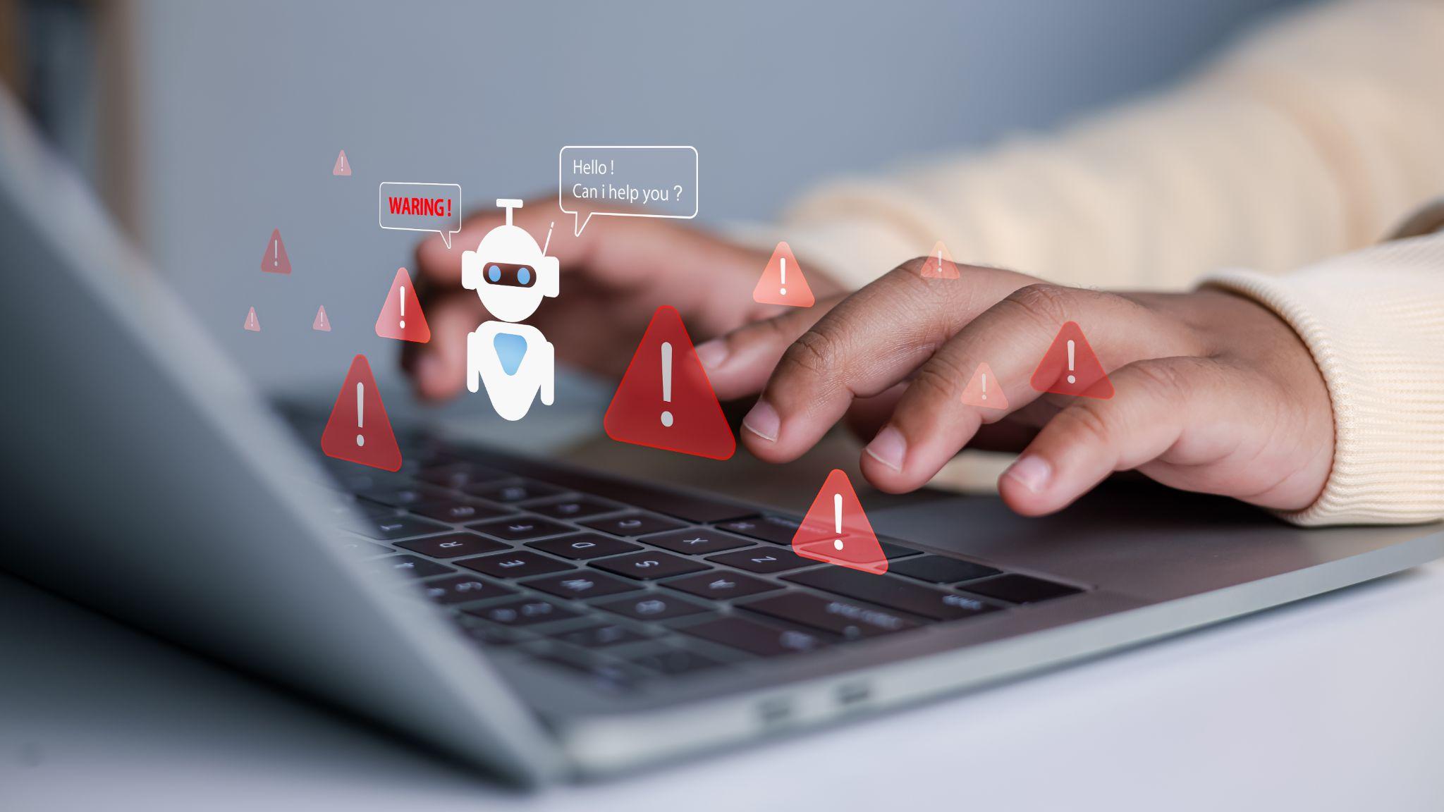 Hands typing on a laptop with digital warning symbols, highlighting AI scams and cybersecurity threats