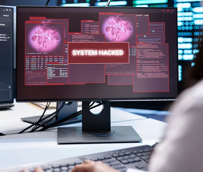 Monitor displaying a red 'SYSTEM HACKED' banner over multiple red-framed windows with world maps and code snippets, indicating a cyberattack.