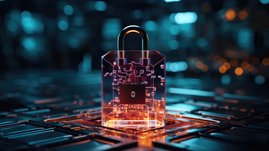 A red lock made of circuits sits on a circuit board and depicts cybersecurity.