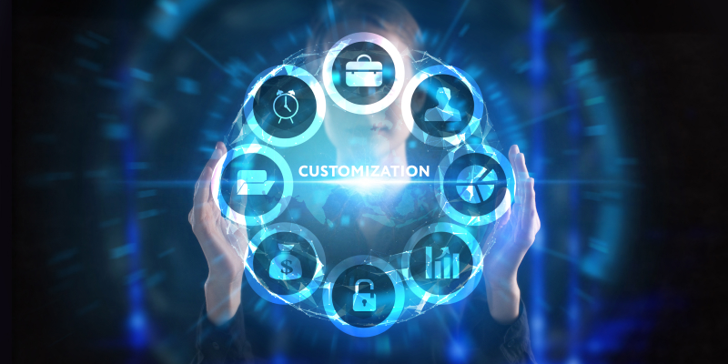 An entrepreneur surrounded by digital icons represents tailored IT strategy for small businesses.
