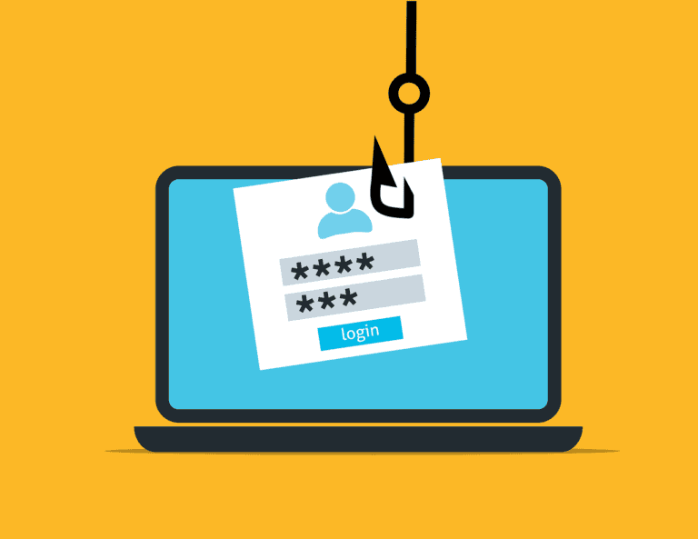 A hook takes the login credentials from a laptop screen, depicting a successful phishing attempt.