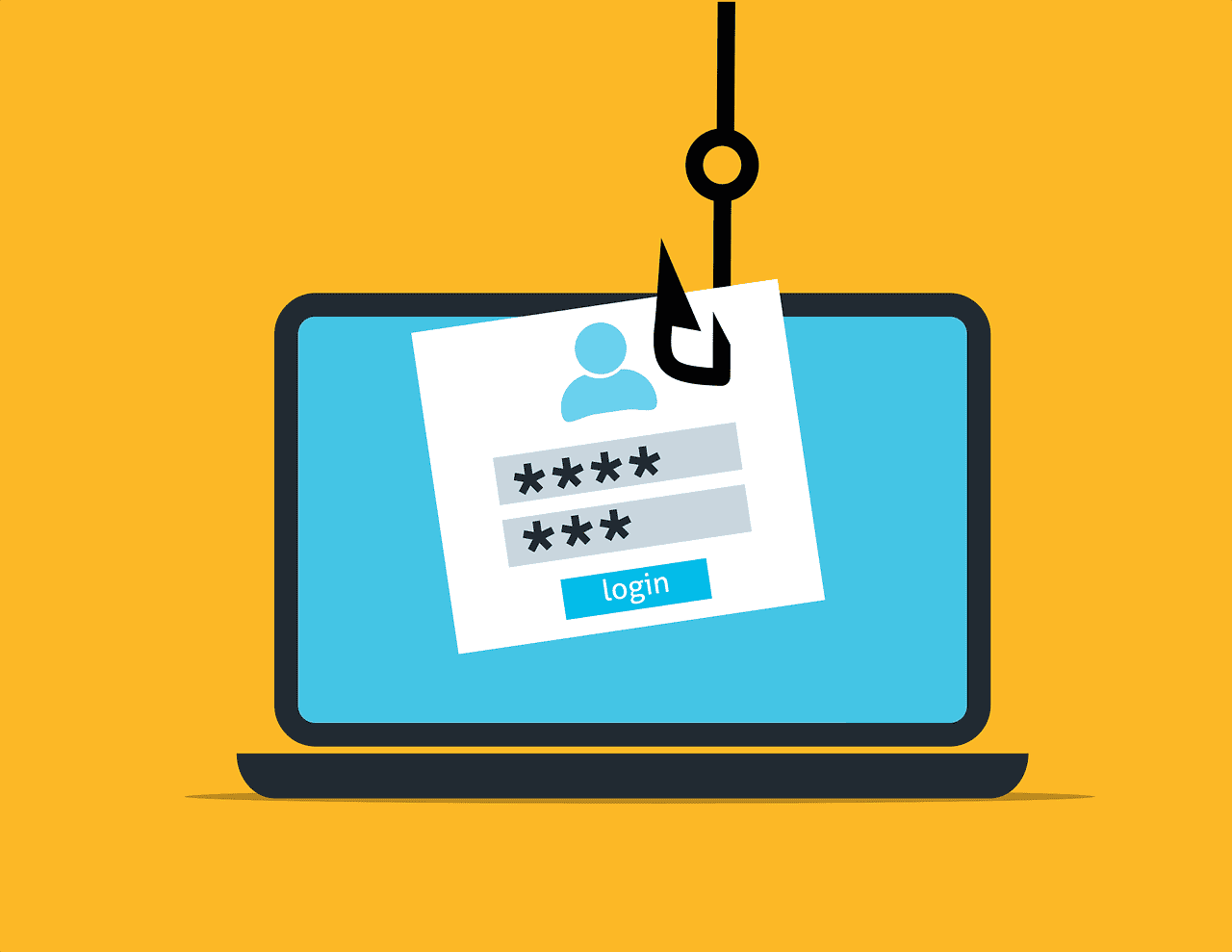 A hook takes the login credentials from a laptop screen, depicting a successful phishing attempt.