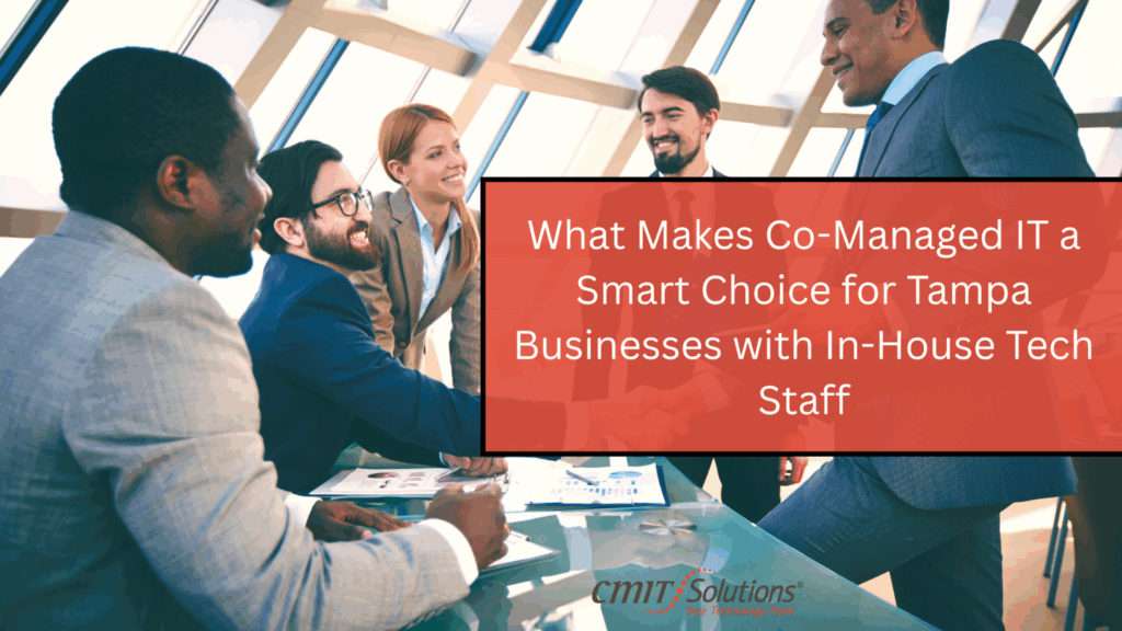 Employees attend a meeting and smile, with the blog title and company logo displayed on the right