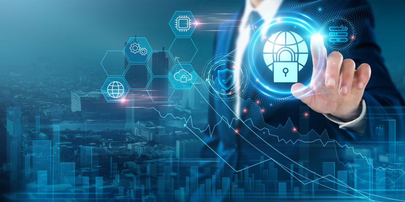 A hand touches a holographic shield on a digital screen, representing the concept of threat protection.