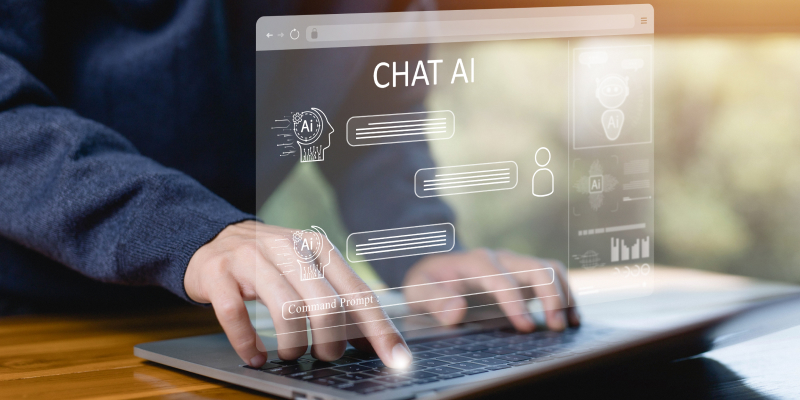 Chatbot with multiple text bubbles representing the risk of data loss from improper employee use of AI platforms.