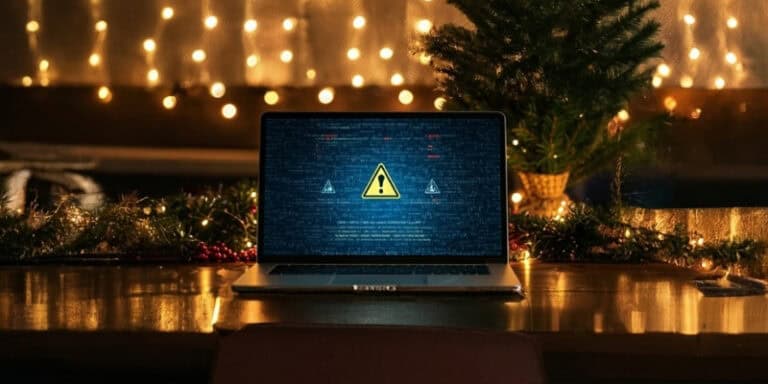 A laptop displaying a warning symbol amid festive decorations, representing increased cybercrime risks during the holiday season.