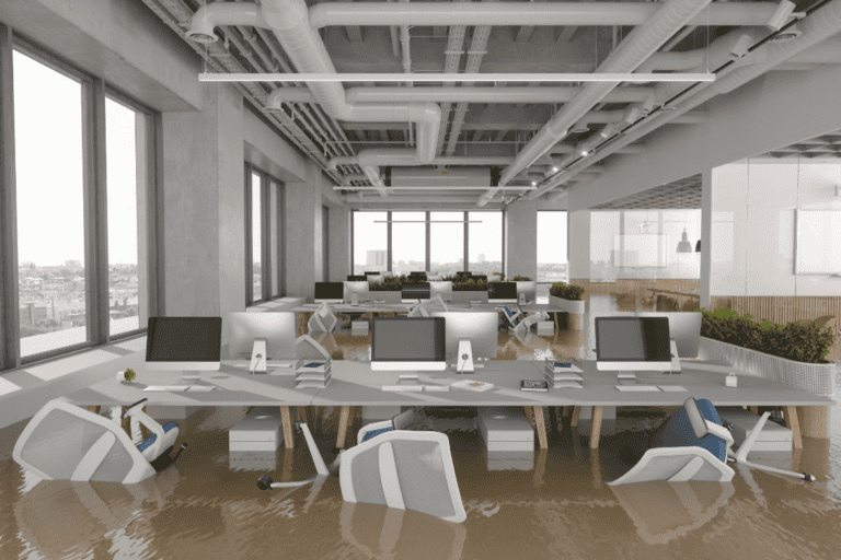 Flooded Office With Chairs Floating On Water stock photo