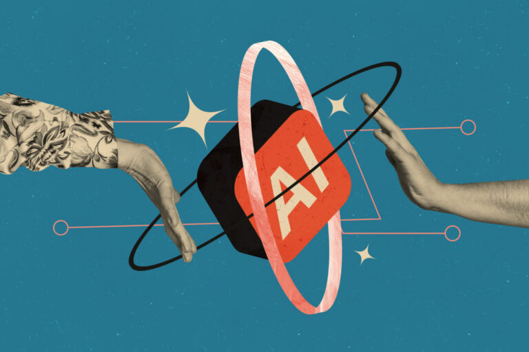 Abstract collage: two hands reach toward a red rounded-square logo with a white F-like glyph, surrounded by rings on a teal background.