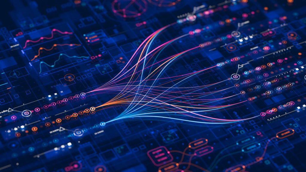 Abstract digital data visualization with neon curved lines and circular nodes over a dark blue grid, suggesting data flow and connectivity.