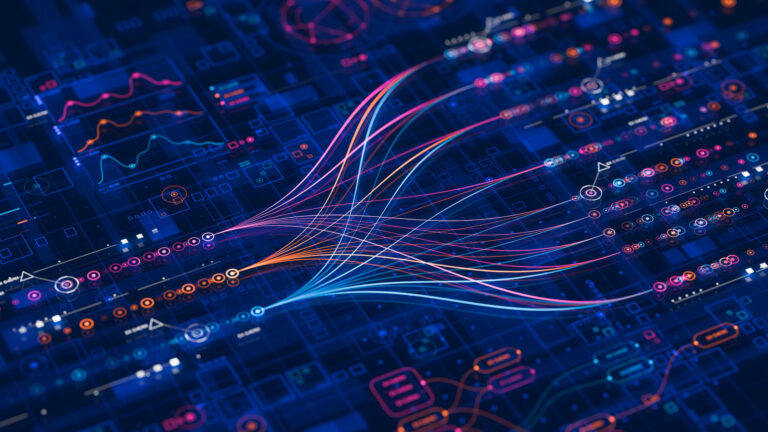 Abstract digital data visualization with neon curved lines and circular nodes over a dark blue grid, suggesting data flow and connectivity.