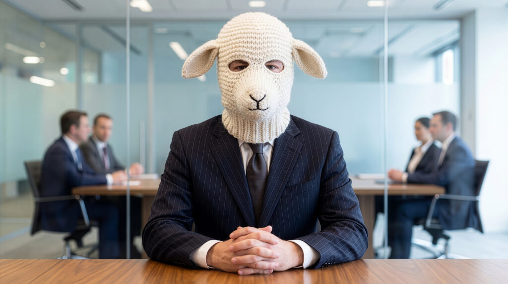 Person in a pinstripe suit wearing a knitted sheep mask, seated at a conference table in an office setting.