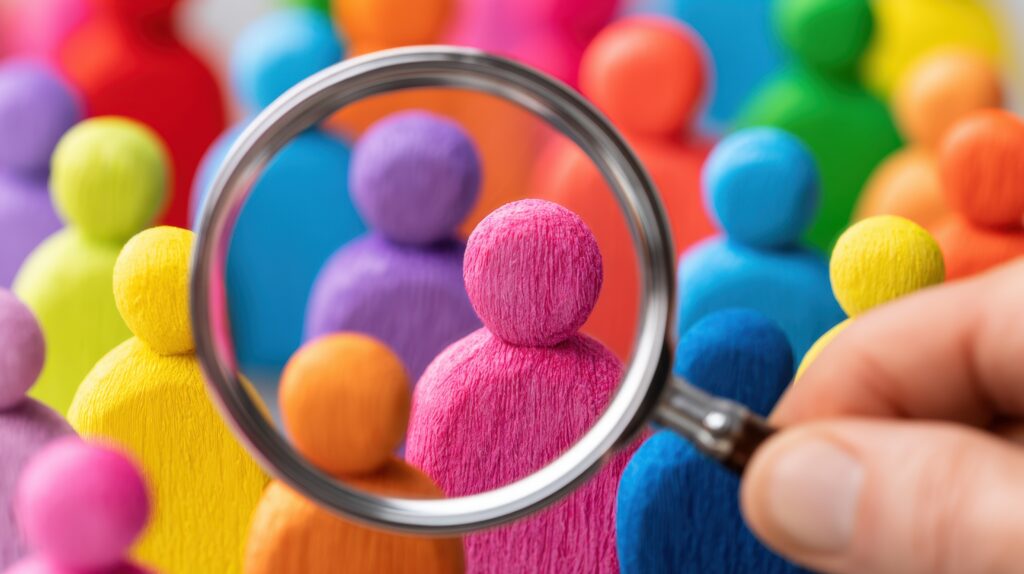 Pink wooden figure is magnified by a handheld magnifying glass among a colorful crowd of wooden shapes.