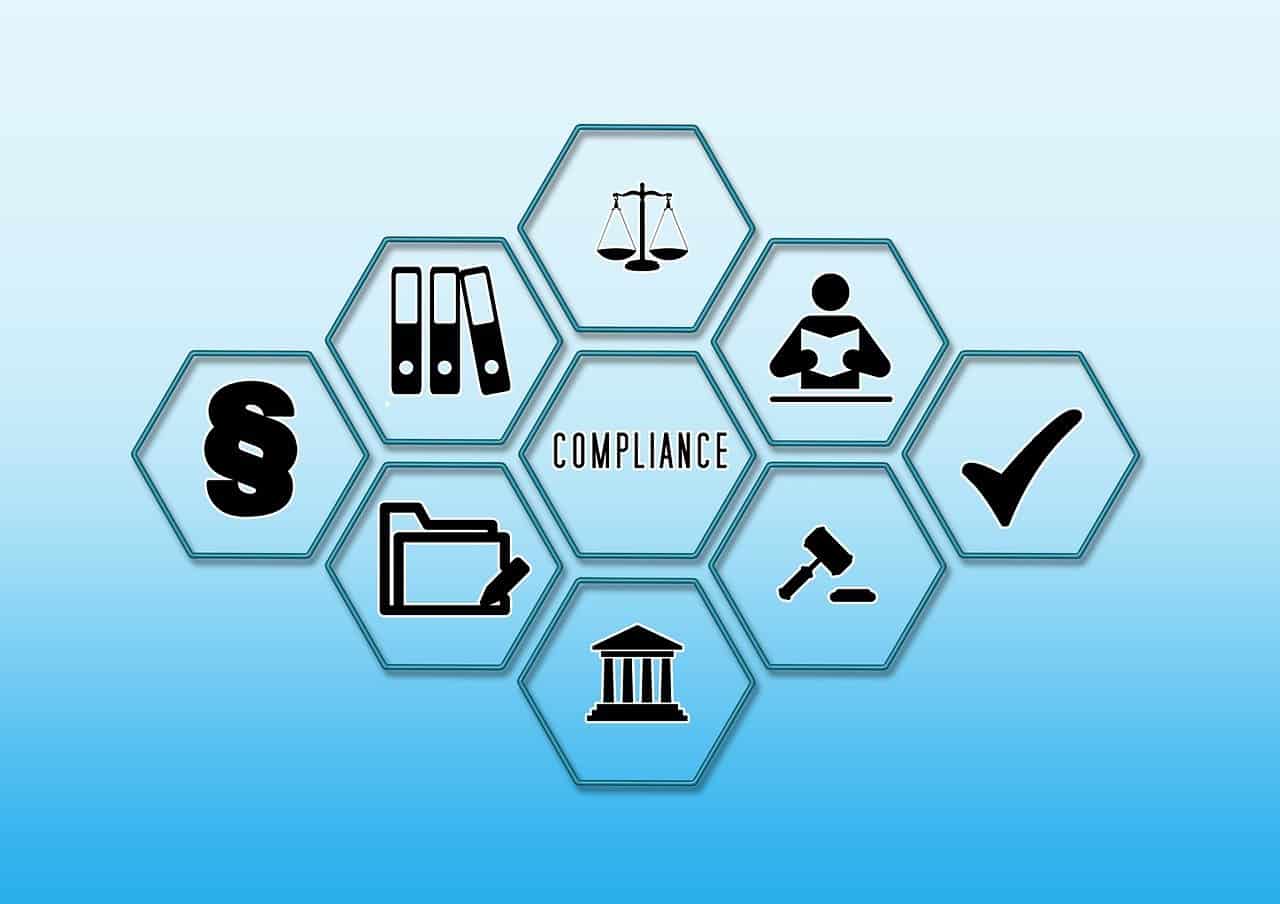 "Compliance" surrounded by symbols of law, scales, books, and courts, representing regulatory adherence.