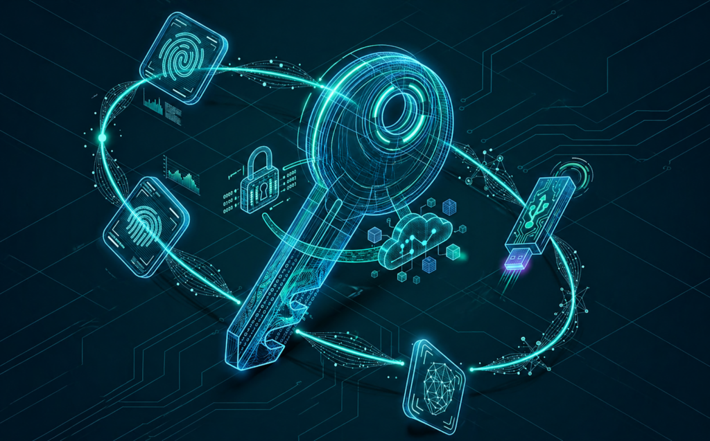 Futuristic cybersecurity illustration with a glowing central lock and interconnected devices symbolizing data protection.