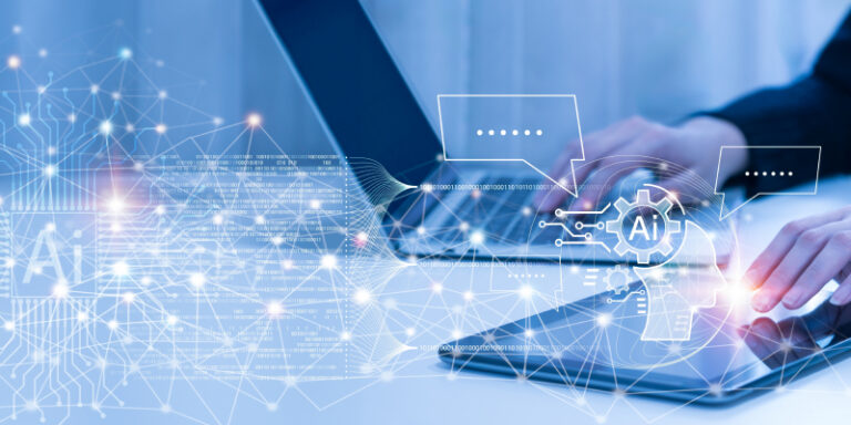Professional multitasking on digital devices with AI icons, representing the challenge of monitoring and governing shadow AI security risks.