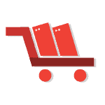 Shopping cart icon carrying three red boxes.