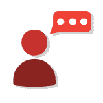 Red user silhouette with a speech bubble containing three white dots on a dark background.