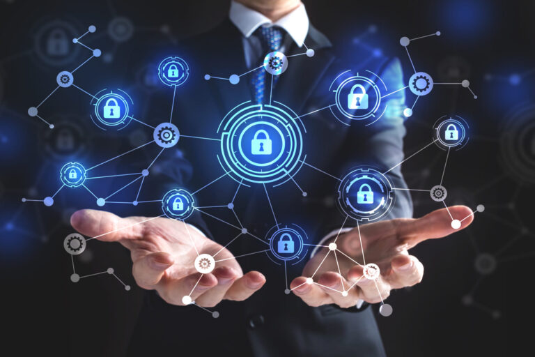 Hands beneath a network of glowing lock icons and circuit-like connections, symbolizing cybersecurity and data protection