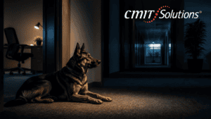 an alert dog lying awake near an office doorway at night, lit low, echoing the guard dog line in the body.