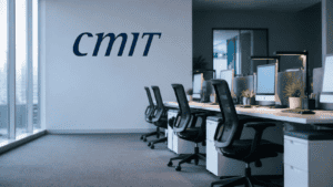 A row of empty office chairs at unoccupied desks with computers still on