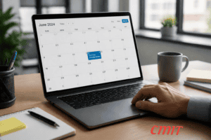 An open laptop on an office desk showing a calendar with one unfamiliar event, illustrating calendar invite spam