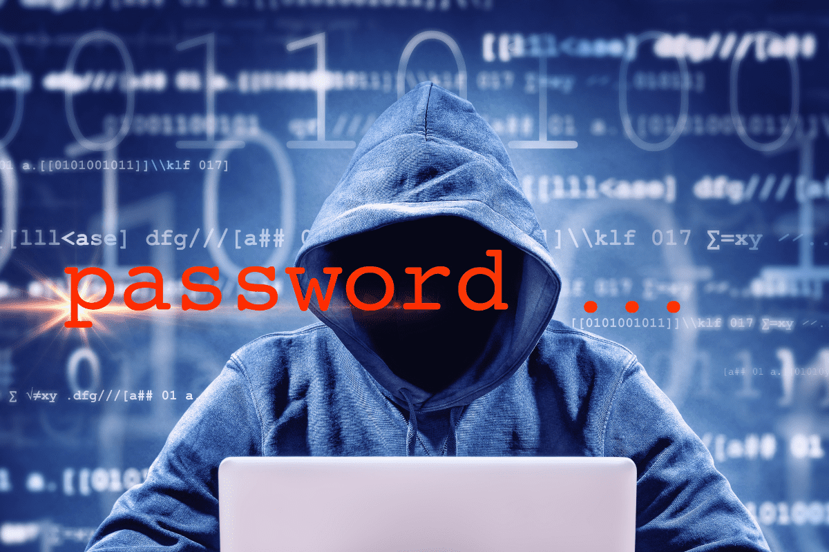 Hooded password hacker on laptop