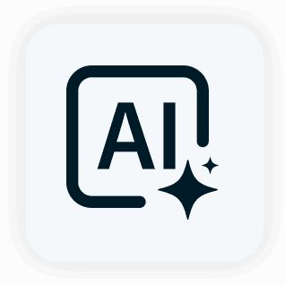 AI badge icon: rounded square with dark blue 'AI' lettering and sparkling stars