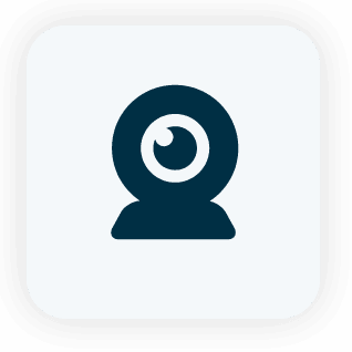 Webcam icon: dark blue circular camera with a white lens on a pale square background.