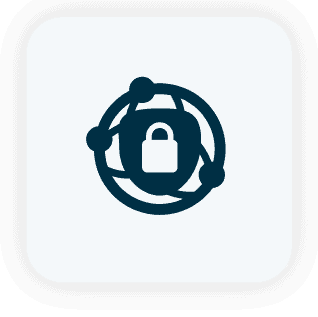 Security icon: padlock at the center of interconnected circular nodes, representing a secure network.