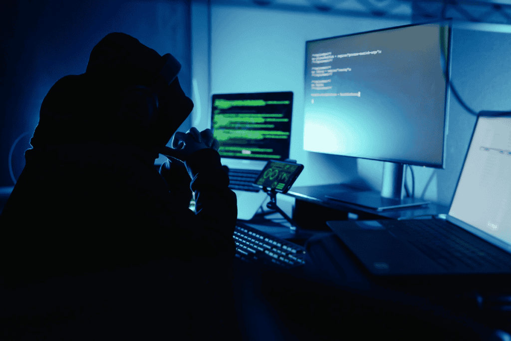 Hacker sits in dark at a desk with multiple desktops.
