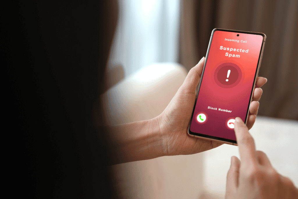 Over the shoulder view of a woman receiving a suspected spam call on her smartphone from an unknown caller stock photo